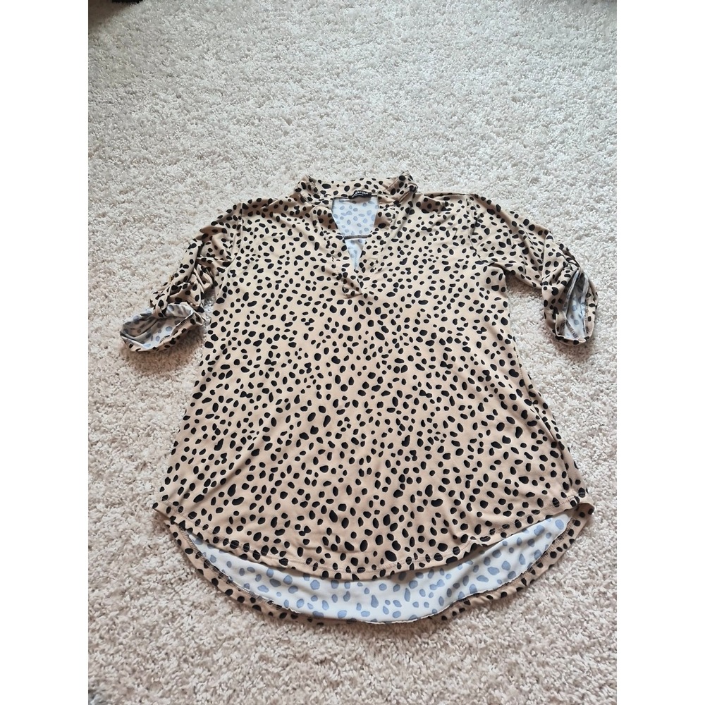 Heimish USA Leopard Print Tunic Top Tan Black 3/4 Roll Tab Sleeve Small ST100279